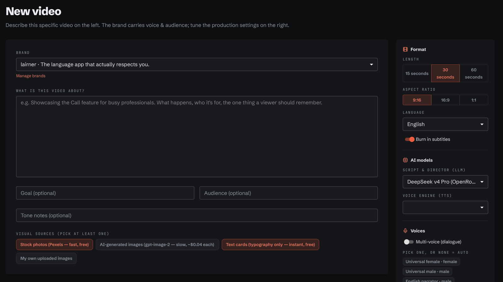 The Brandinio web app driving the script → director → render pipeline